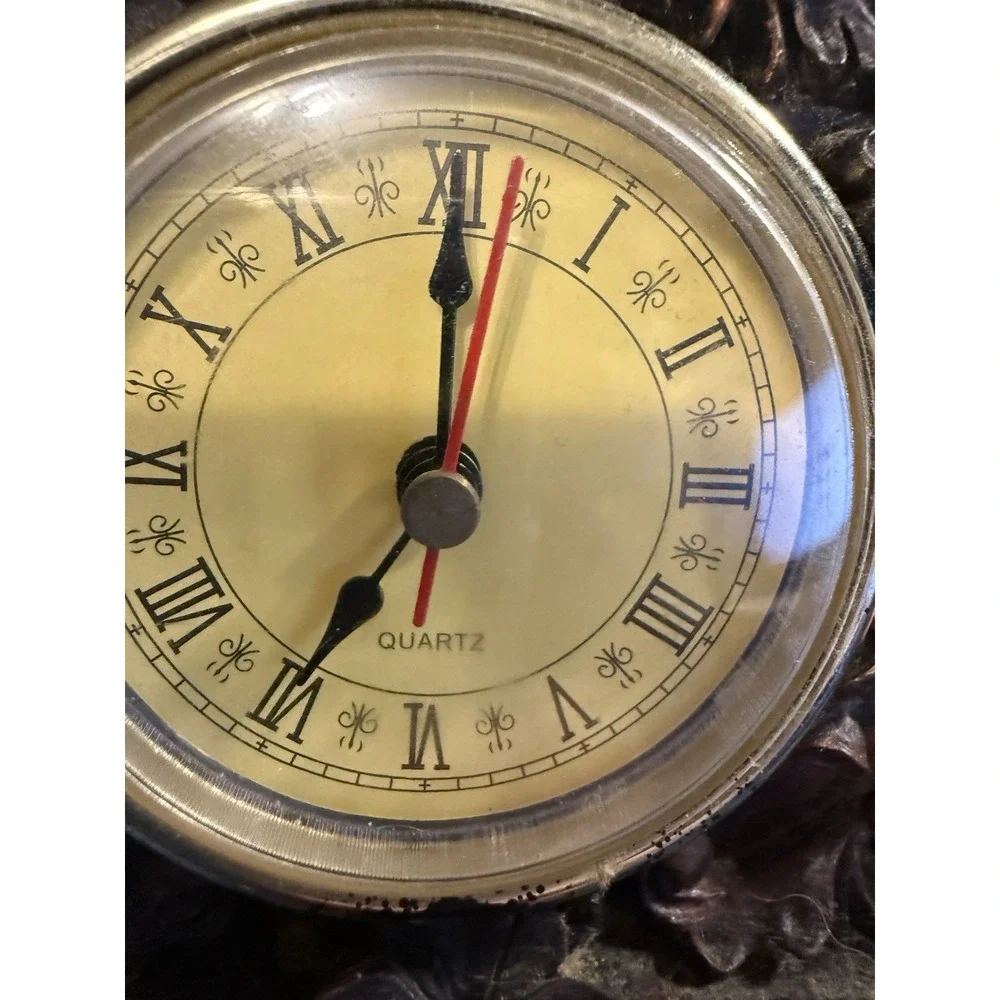 Vintage Ornate Faux Bronze Quartz Clock Trinket Jewelry Box Rococo Style Resin